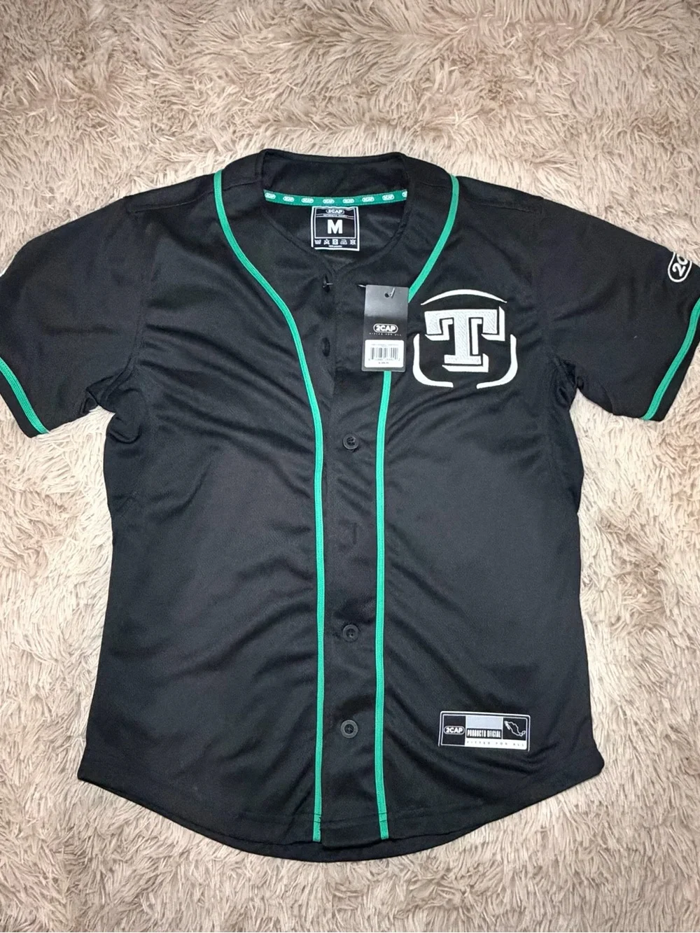 Black and Green Baseball-Style Jersey with 'T' Logo